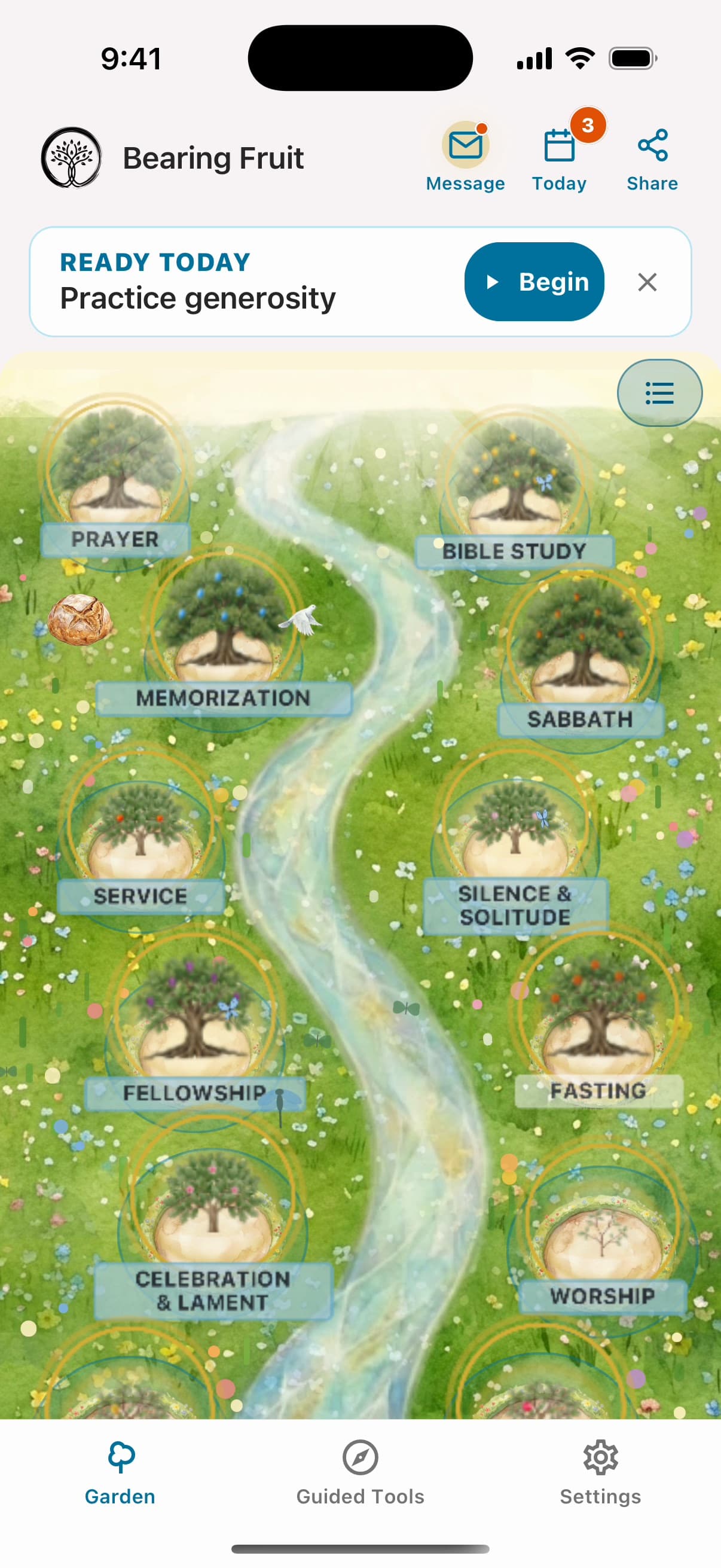 Bearing Fruit app: the garden of 12 habit trees along a river, with today's practice ready to begin
