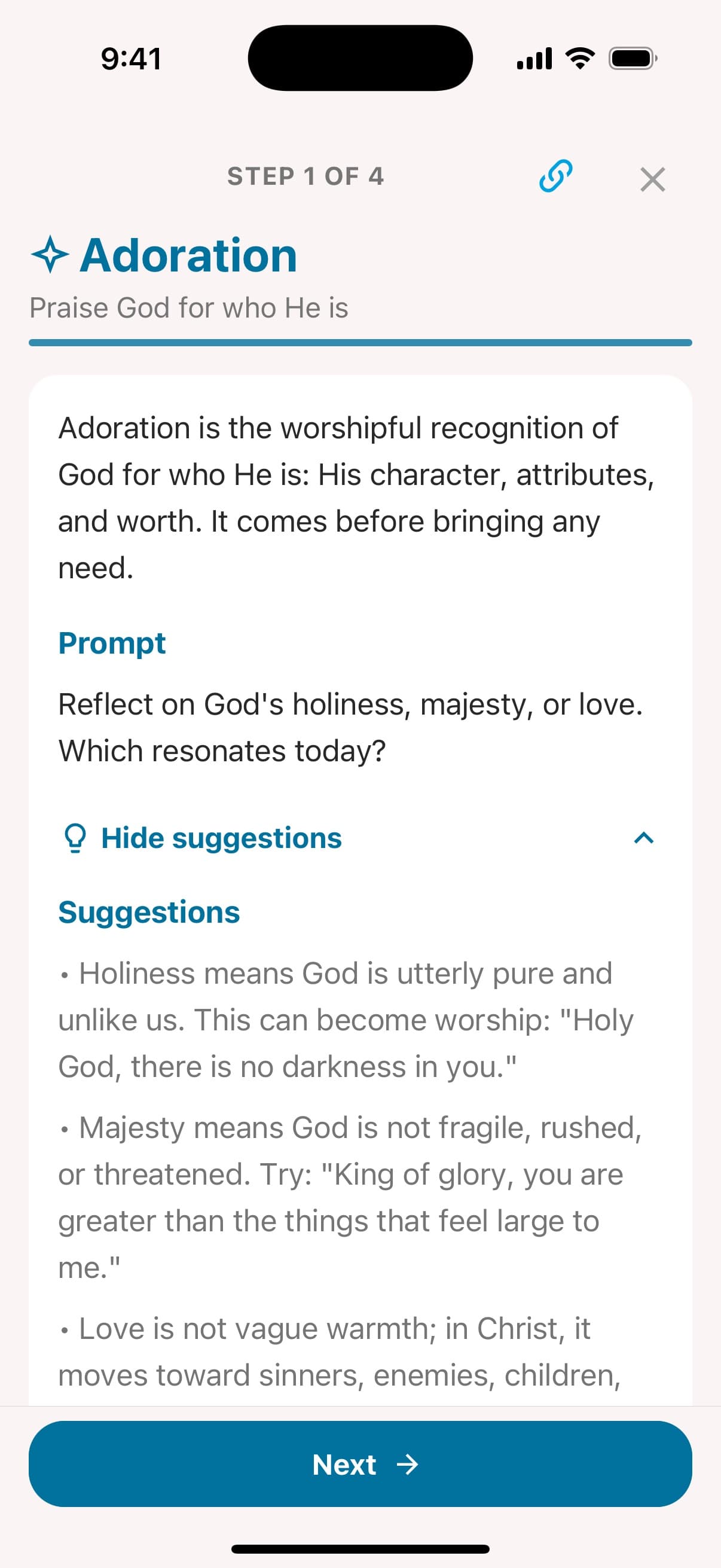ACTS Prayer on the Adoration step with prayer suggestions open