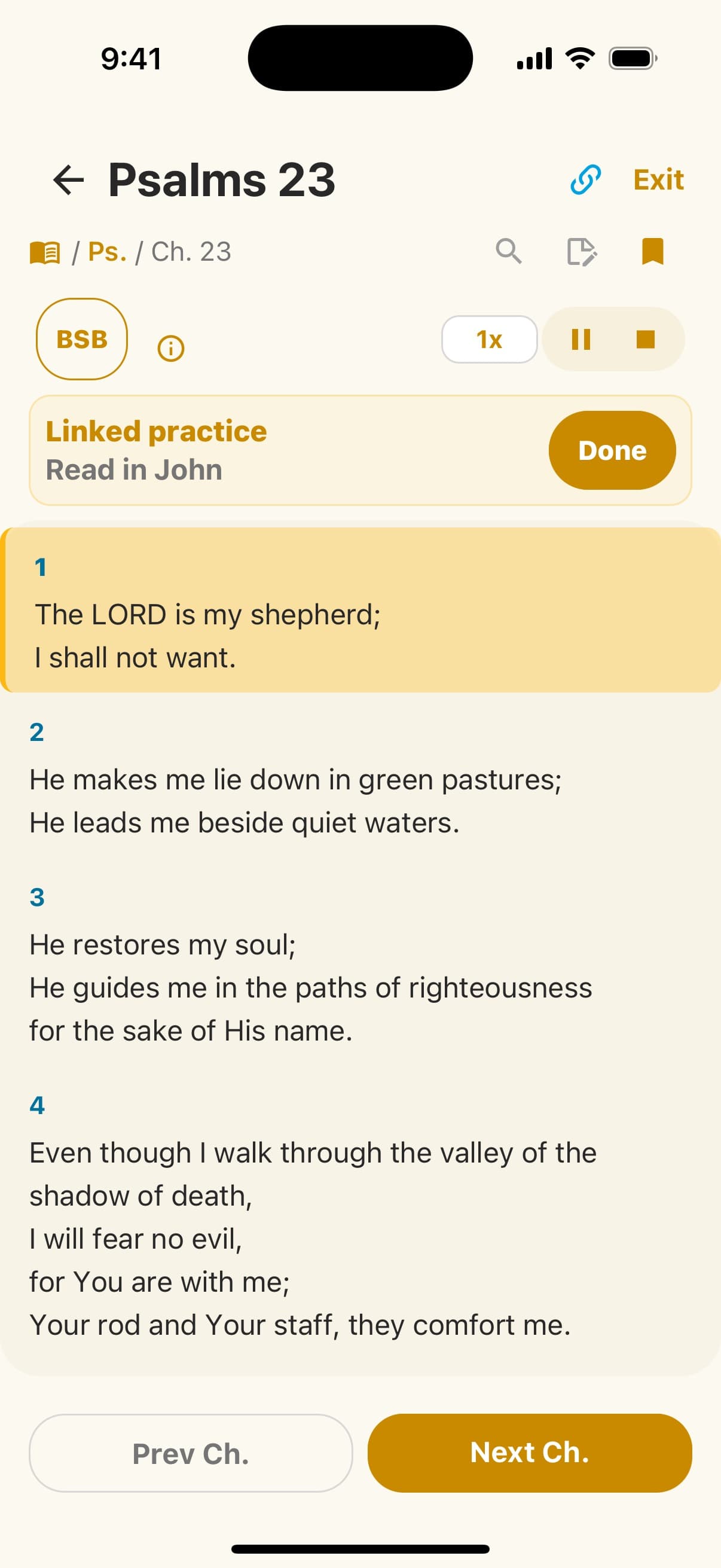 The Bible Reader open to Psalm 23 with audio playing and verse 1 highlighted