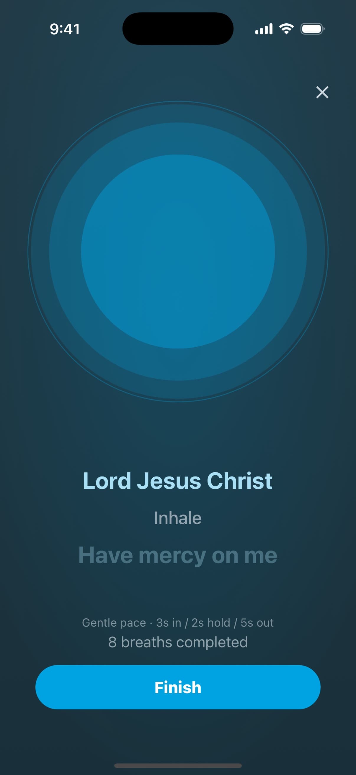 Breath Prayer in the app: a glowing circle with “Lord Jesus Christ” on the inhale and “Have mercy on me” on the exhale