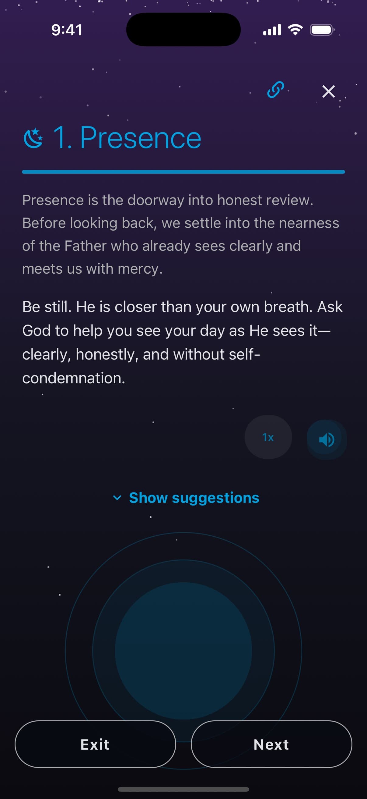 The first step of the Daily Examen, Presence, over a night sky