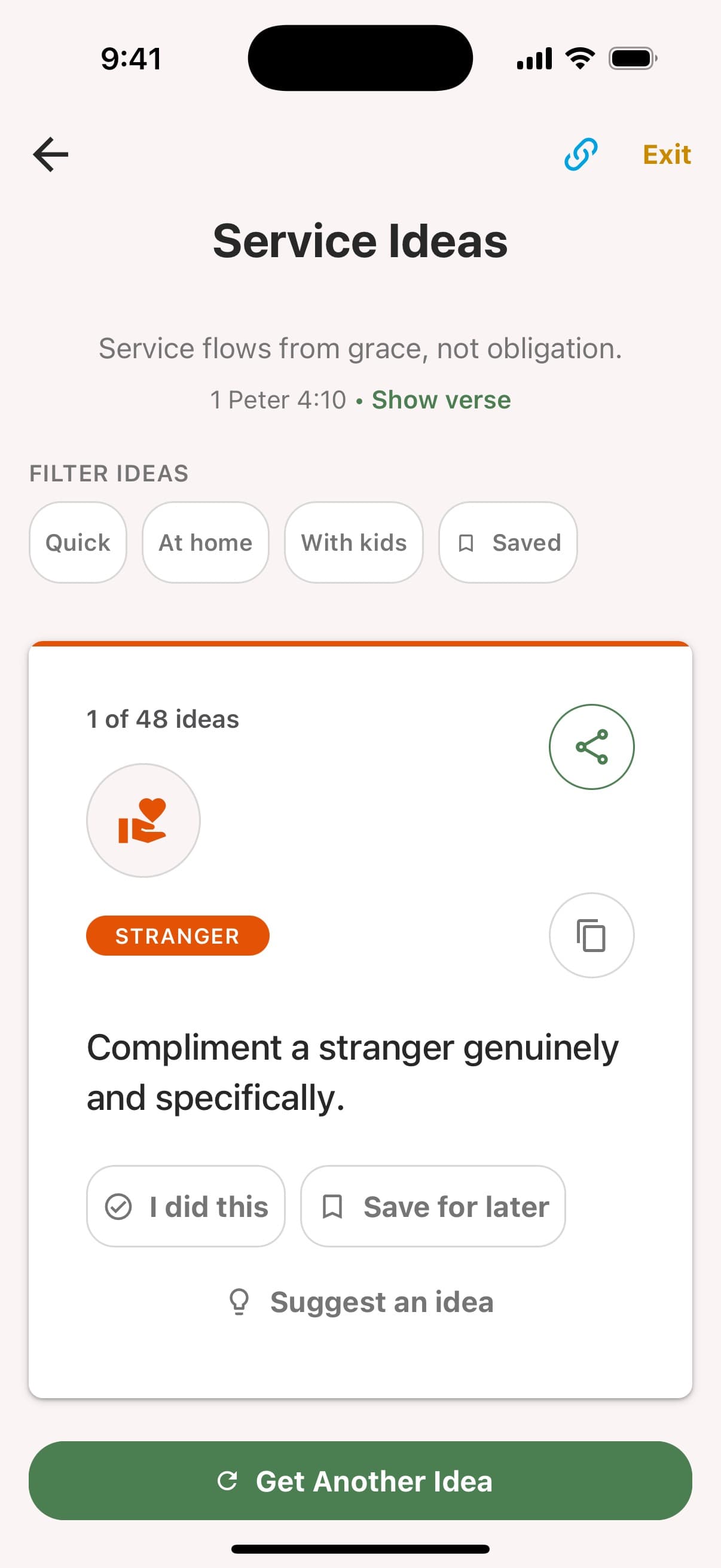 A service idea card: “Compliment a stranger genuinely and specifically.”