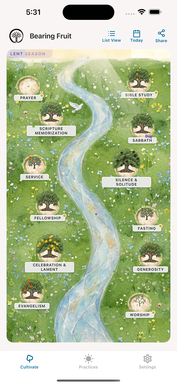 Bearing Fruit app — garden view showing 12 habit trees along the river of life